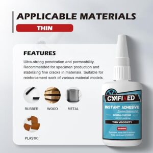 CYAFIXED Strong Cyanoacrylate (CA) Super Glue, Penetration Fast Thin Viscosity Instant Adhesive, 2 oz. (56.8 Grams) - CA Glue for Plastic, Wood, Metal, Hobby Models and Stabilizing Cracks