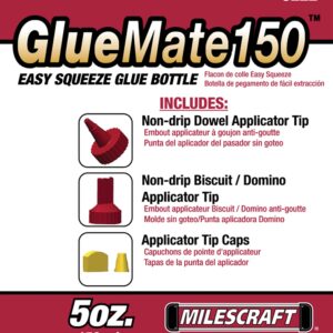 Milescraft 5222 Glue Mate 150-5oz. (150ml) Precision Wood Glue Bottle - Anti-Drip - Dowel and Biscuit Tips Included - Easy Flow Multi-Chamber Design - Ideal for Woodworking