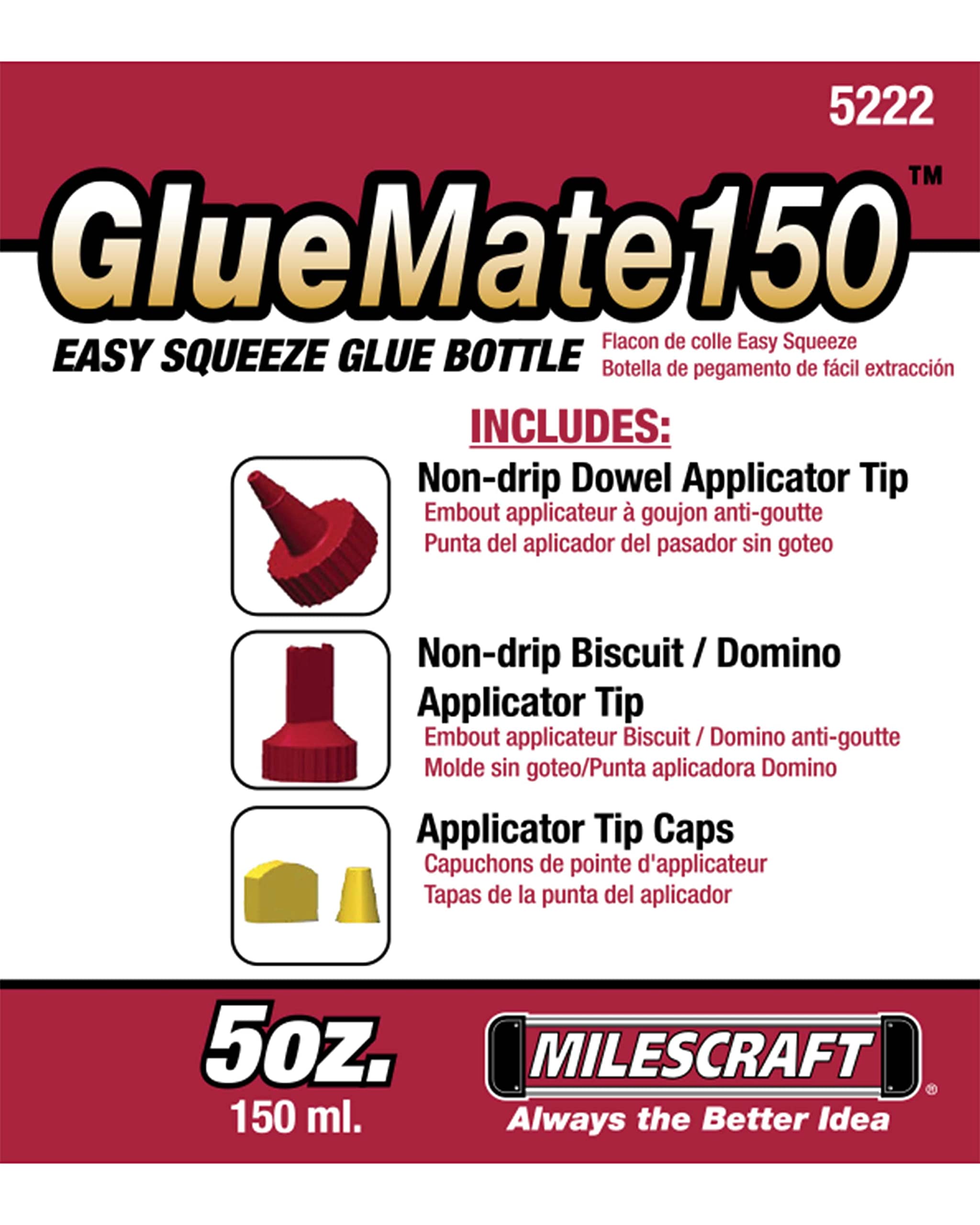 Milescraft 5222 Glue Mate 150-5oz. (150ml) Precision Wood Glue Bottle - Anti-Drip - Dowel and Biscuit Tips Included - Easy Flow Multi-Chamber Design - Ideal for Woodworking