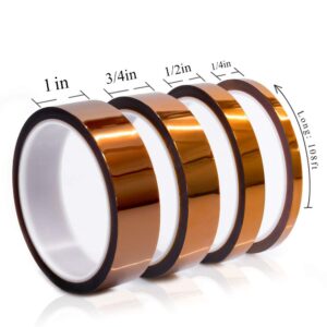 MYJOR High Temperature Tape， 1 mil Kapton Tape, Polyimide Tape, Professional for Protecting CPU, PCB Circuit Board, 1/4", 1/2", 3/4", 1"- 4 Rolls，No Residue.