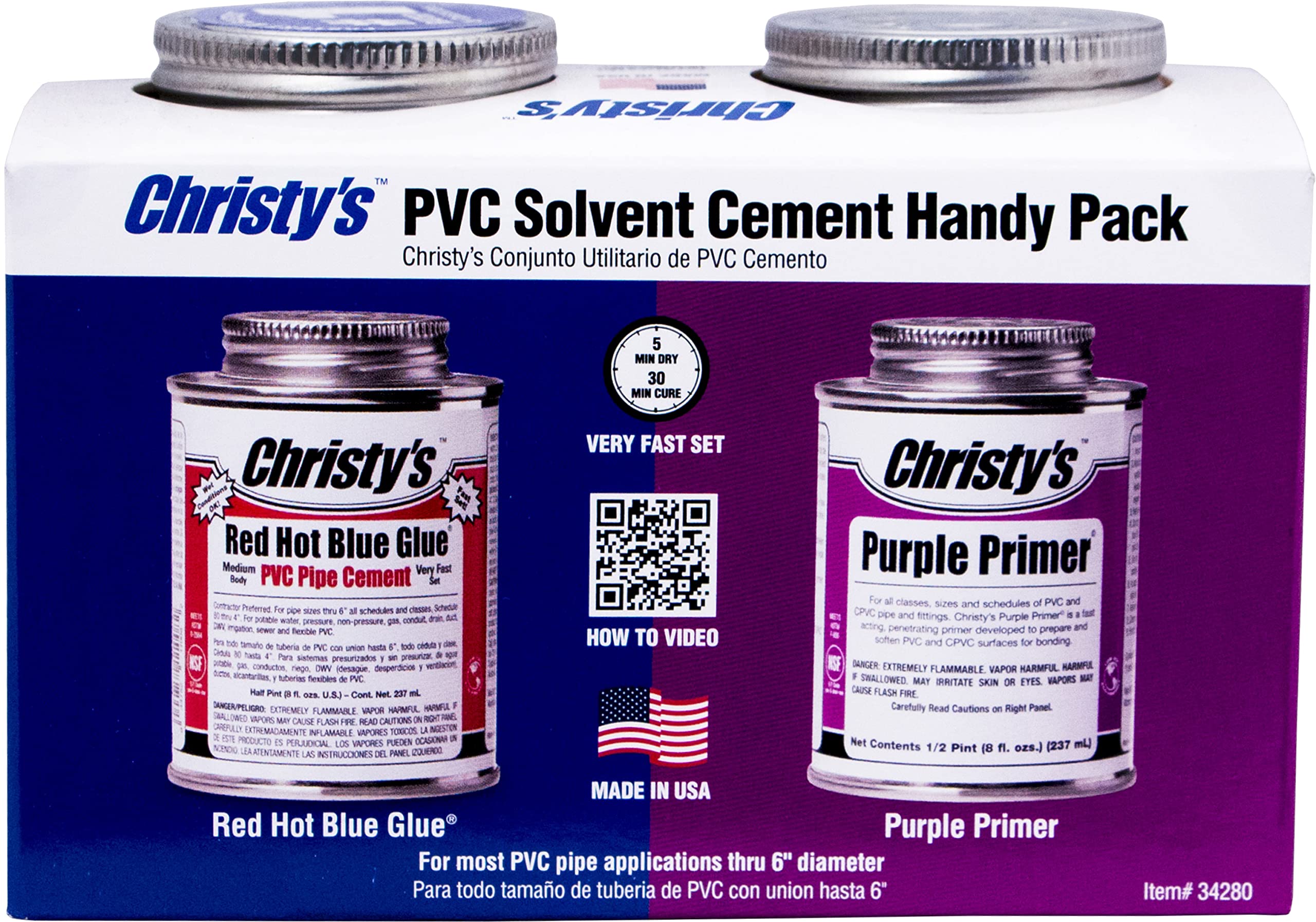 Christy's Handy Pack: Red Hot Blue Glue Medium Body PVC Cement and Purple Primer, 1/2 Pint (8 fl oz),RH-RHBV-HDYPK-HP-20