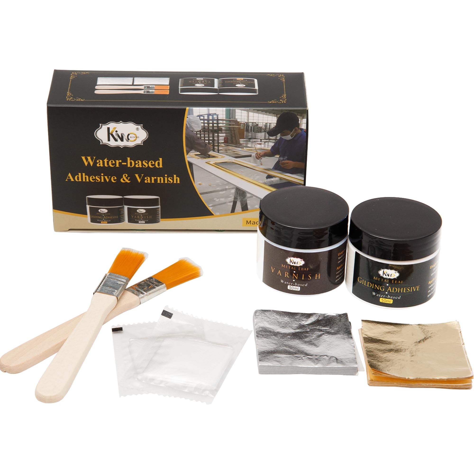 KINNO Epoxy Gilding Adhesive Glue Set, 50ml Gold Leaf Glue,50ml Gilding Varnish and 100 Sheets 5cm Gold Leaf,and 100 Sheets Silver Leaf