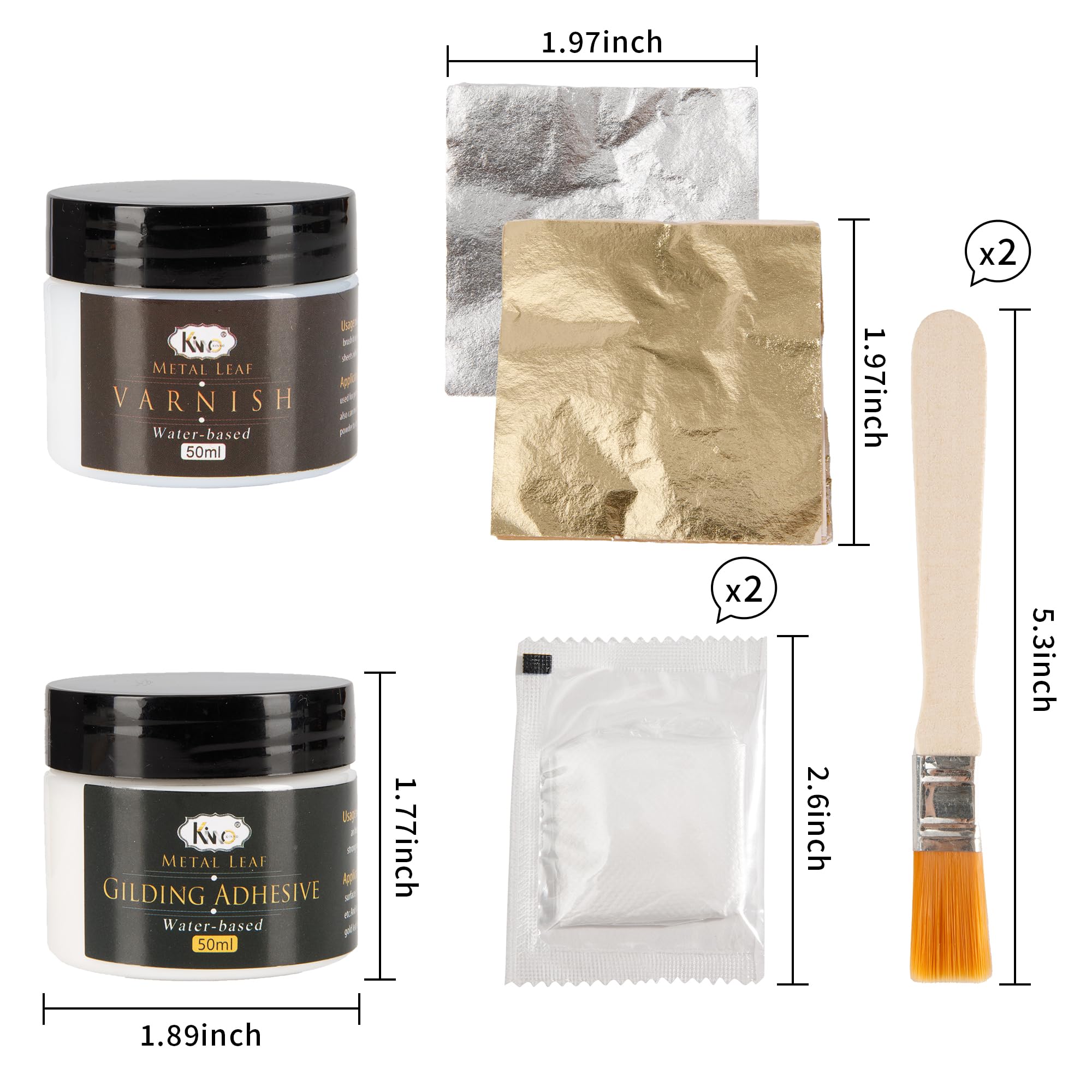 KINNO Epoxy Gilding Adhesive Glue Set, 50ml Gold Leaf Glue,50ml Gilding Varnish and 100 Sheets 5cm Gold Leaf,and 100 Sheets Silver Leaf