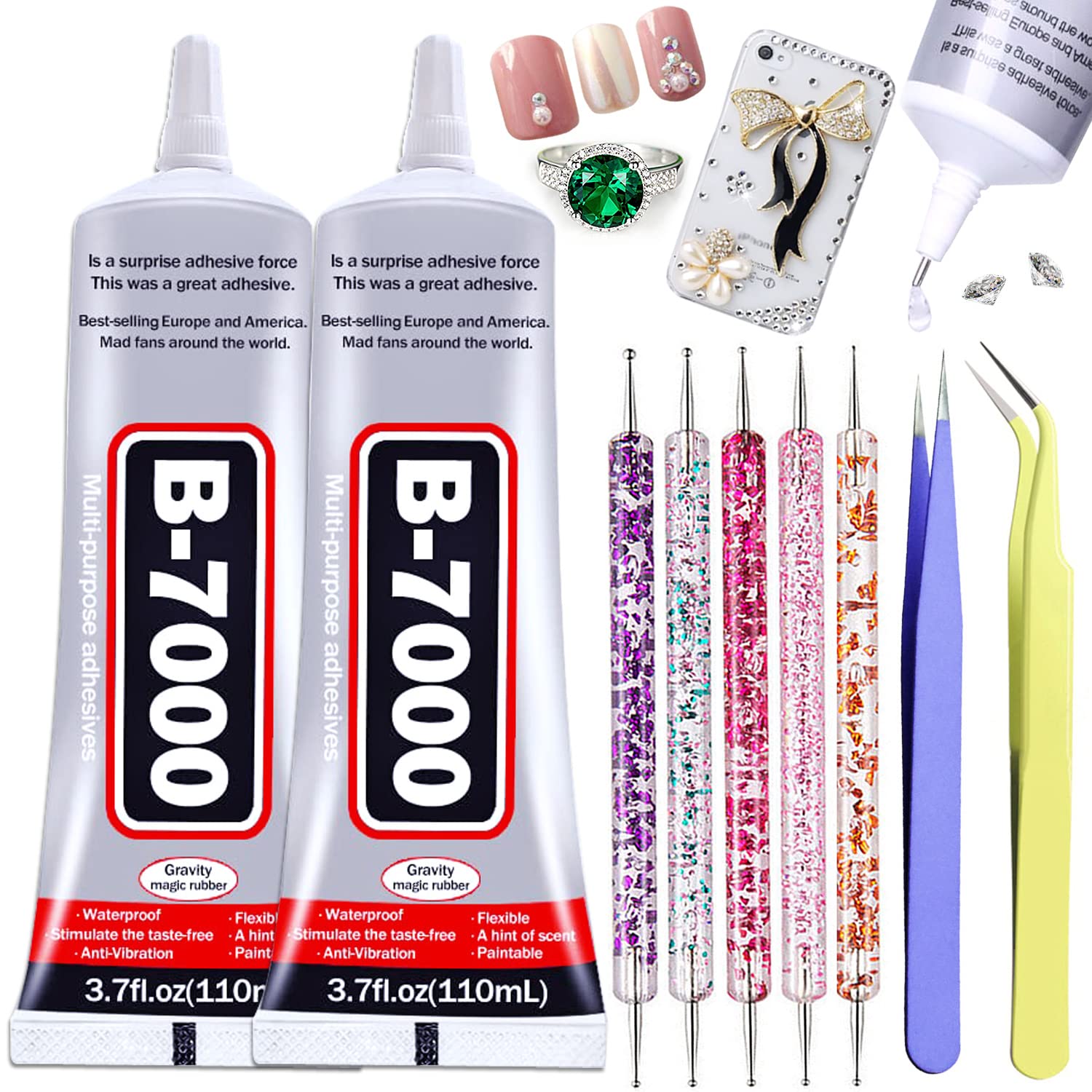 2pcs x 110ML B7000 Rhinestone Glue Clear, Upgrade B7000 Glue Multi-Function Adhesive Jewelry Glue for Jewelry Repair, Metal Stone Crafts, Fabric, Shoes, Wood Glass Bead with Dotting Pens and Tweezers