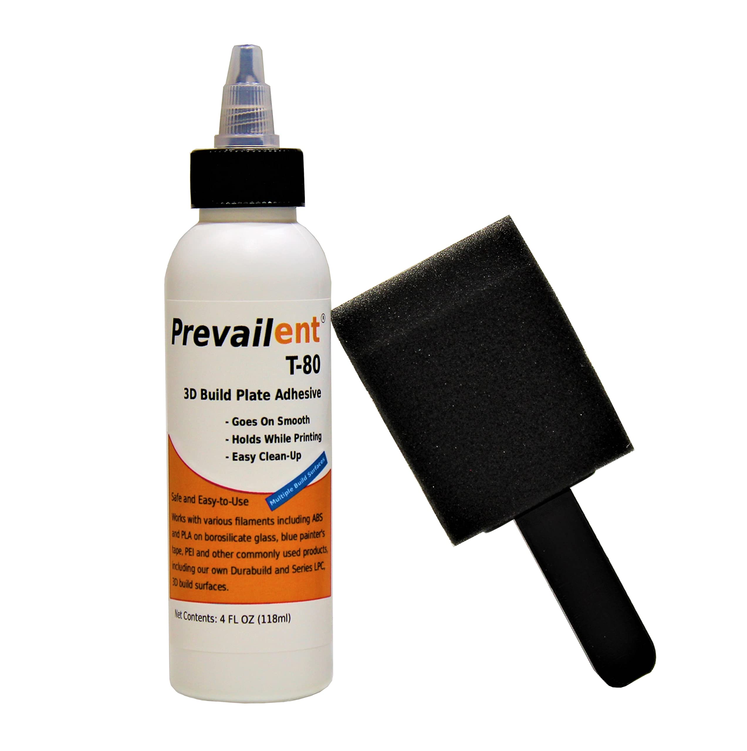 Prevailent T-80, 3D Printer Bed Adhesive Glue - Helps Prevent Warping, Strong Hold and Easy Release with Various Build Plates and Filament Types Including PLA, ABS, TPU, and PETG, 4 fl oz. (118ml)