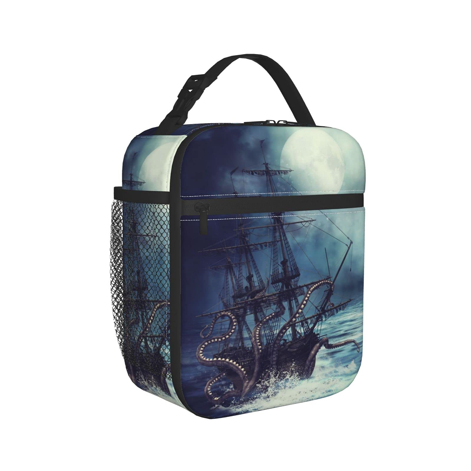 Groamaup Insulated Lunch Bag Night Scene with Pirate Ship Octopus Reusable Side Pocket Cooler Container Bags for Office Travel