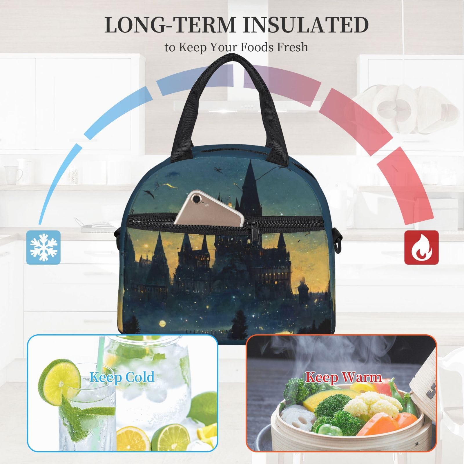 Putdidi Wizard Castle Halloween Lunch Bag For Women Men Harry Insulated Zippered Lunch Box Tote Bag For Work Picnic Beach Water-Resistant Fabric With Exterior Pockets