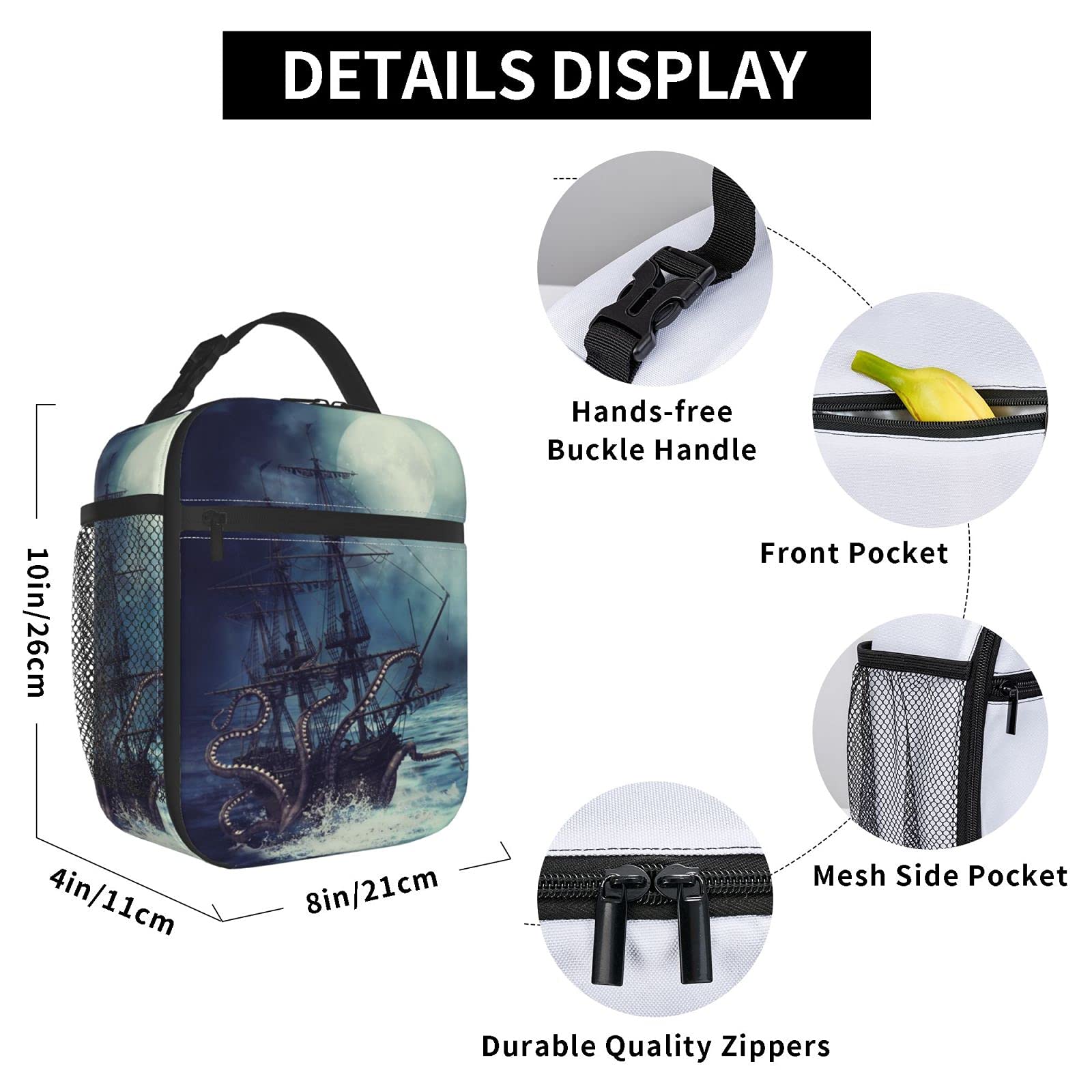 Groamaup Insulated Lunch Bag Night Scene with Pirate Ship Octopus Reusable Side Pocket Cooler Container Bags for Office Travel