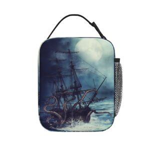 Groamaup Insulated Lunch Bag Night Scene with Pirate Ship Octopus Reusable Side Pocket Cooler Container Bags for Office Travel