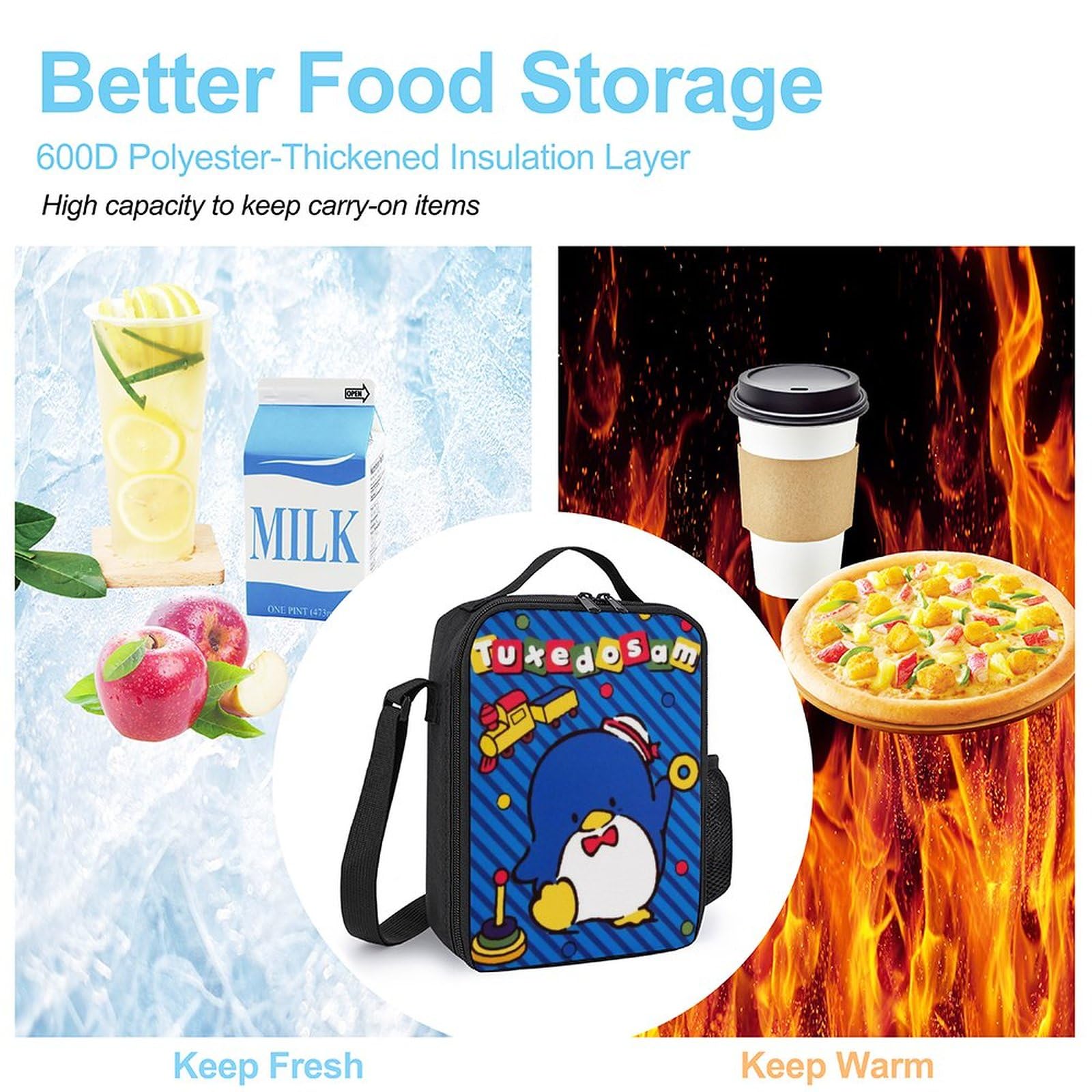 Cartoon Lunch Bag Tuxedosamm Lunch Tote Bag Portable Lunch Box With Pocket for Womens Men