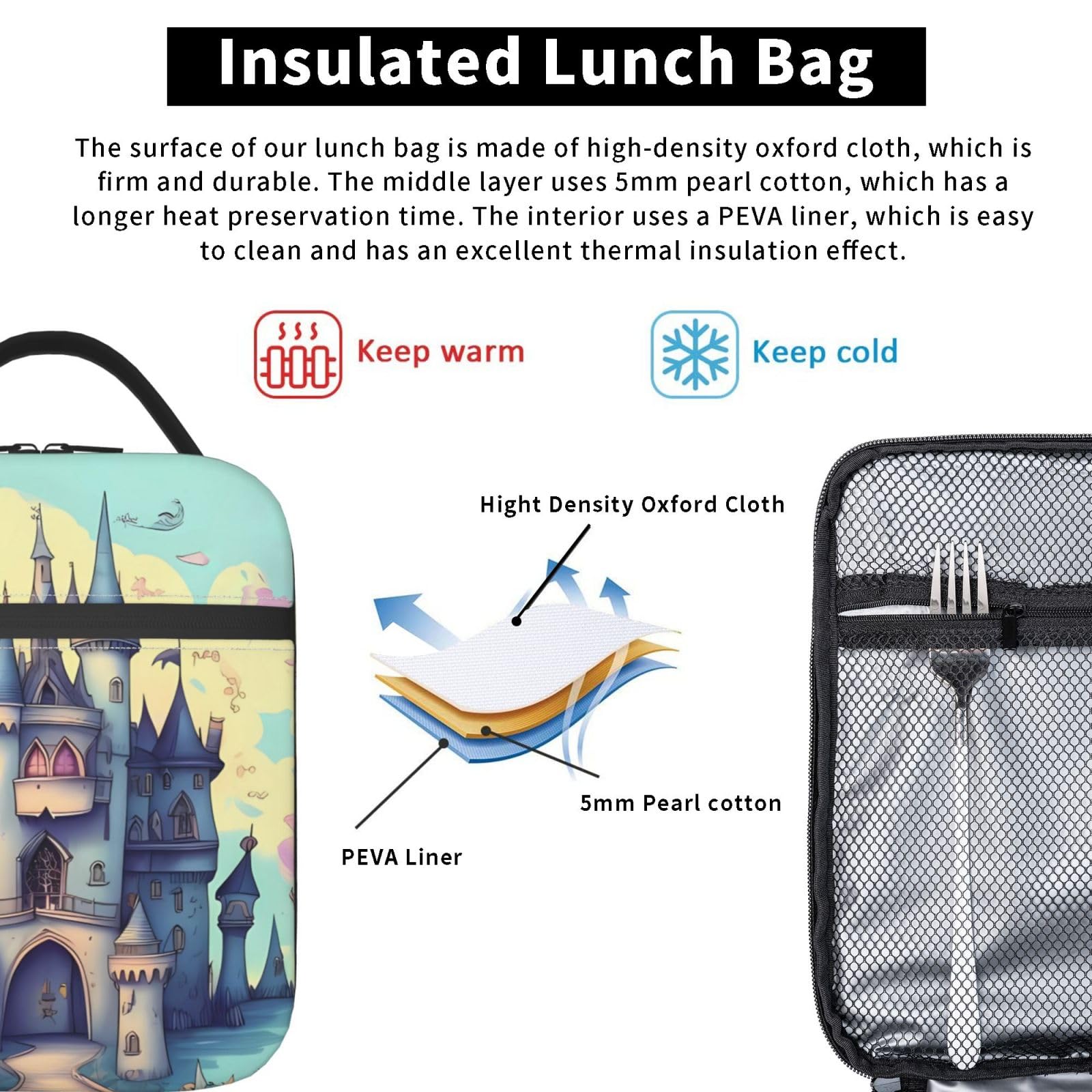 YAzgaN Fairytale Castle Insulated Lunch Bag For Men Women Adults,Small Lunchbox For Work,Picnic Portable Small Reusable Lunch Box Container For Office,Outdoors,On The Go.