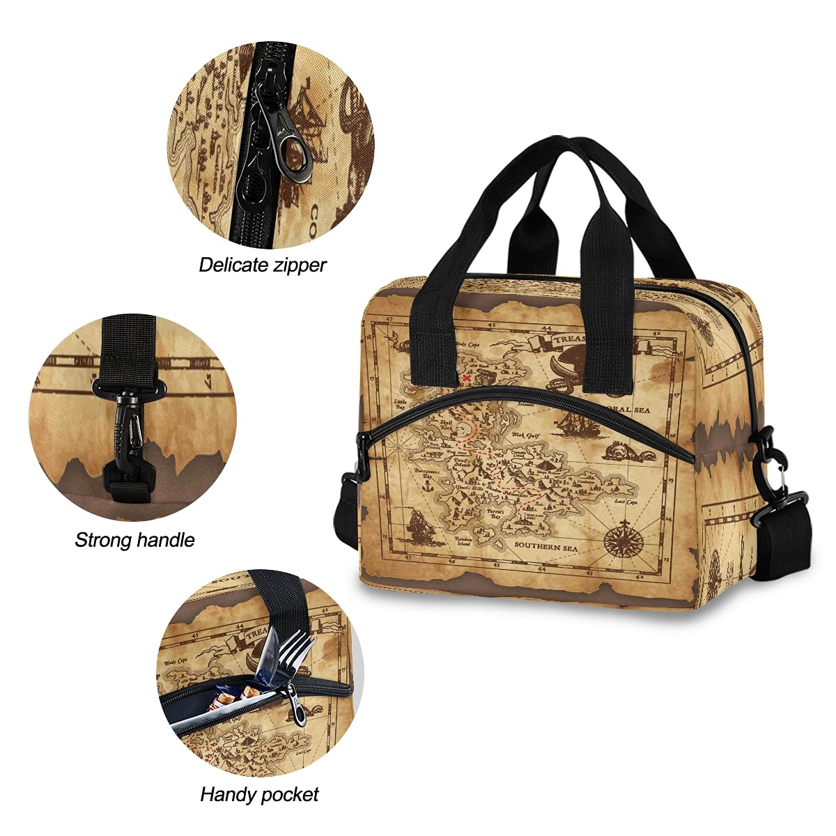 Lunch Bag for Kids Pirate Treasure Map Insulated Cooler Lunch Box Large Capacity Lunch Organizer for Boys Girls
