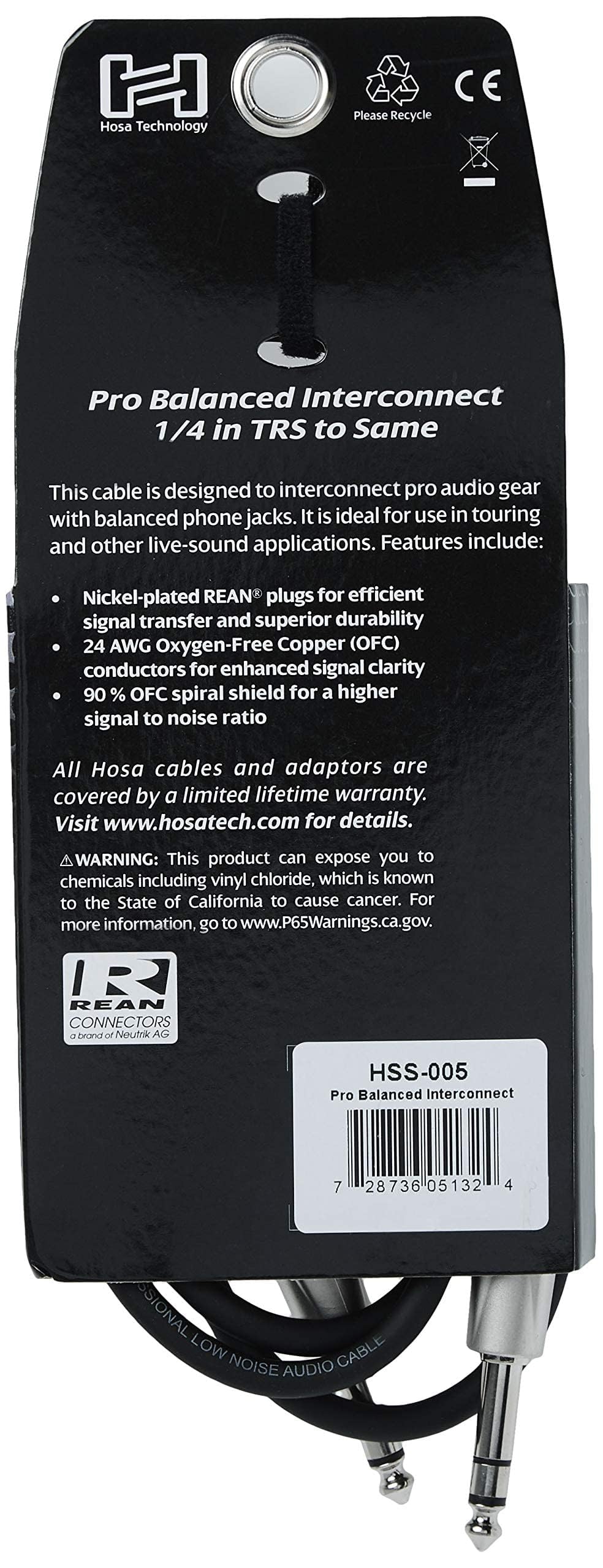 HOSA HSS-005 REAN 1/4" TRS to REAN 1/4" TRS Pro Balanced Interconnect, 5 Feet