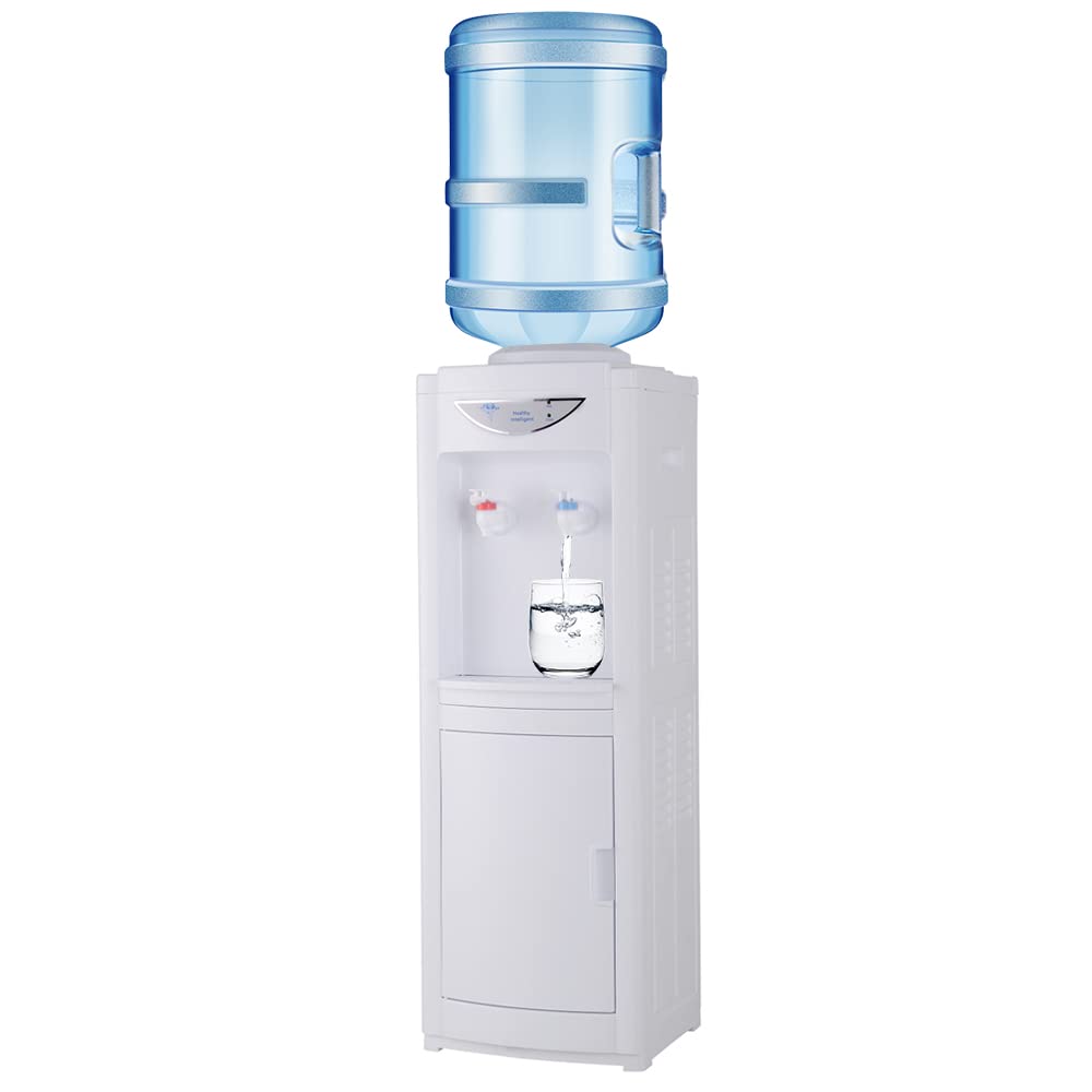 Hot & Cold Top Loading Water Dispenser,5 Gallons Water Coolers with Child Safety Lock Removable Drip Tray & Storage Cabinet,Water Cooler Dispenser for Home,Office(White)