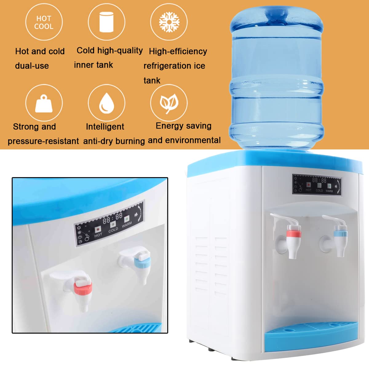 ECUTEE Countertop Water Cooler Dispenser 5 Gallon Hot and Cold Water Dispenser Top Loading 3 Temperature Settings Countertop Drinking Machine for Home Office Use 110V