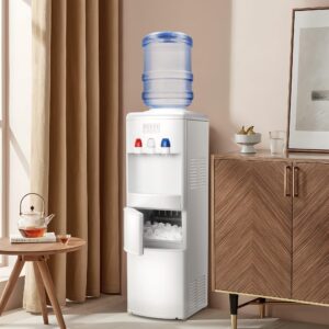 ZAFRO 2-in-1 Bottom Loading Water Cooler Dispenser Hot and Cold 3 to 5 Gallon Bottle Water Dispenser 27LBS/24H Ice Maker Machine with Child Safety Lock（White）