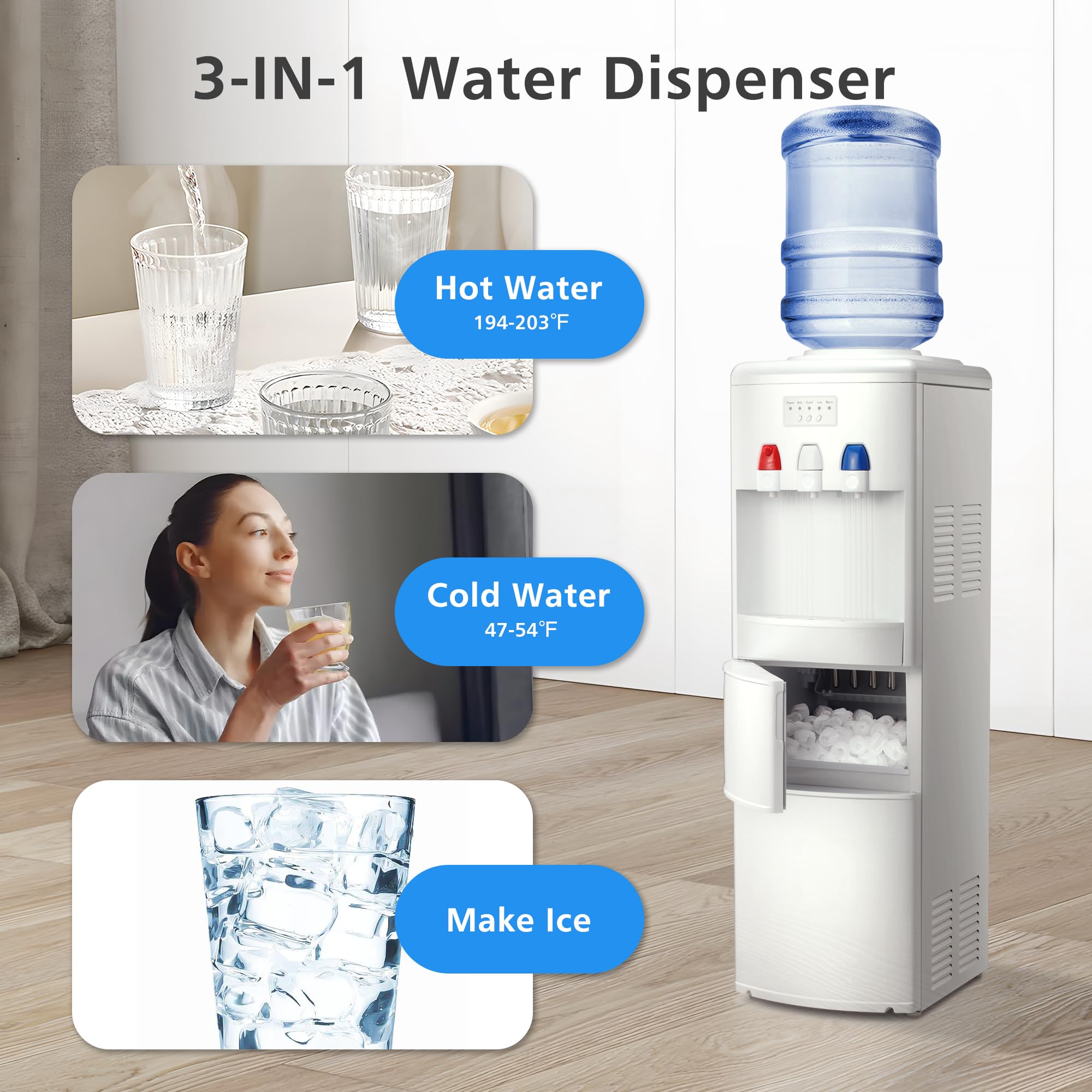 ZAFRO 2-in-1 Bottom Loading Water Cooler Dispenser Hot and Cold 3 to 5 Gallon Bottle Water Dispenser 27LBS/24H Ice Maker Machine with Child Safety Lock（White）