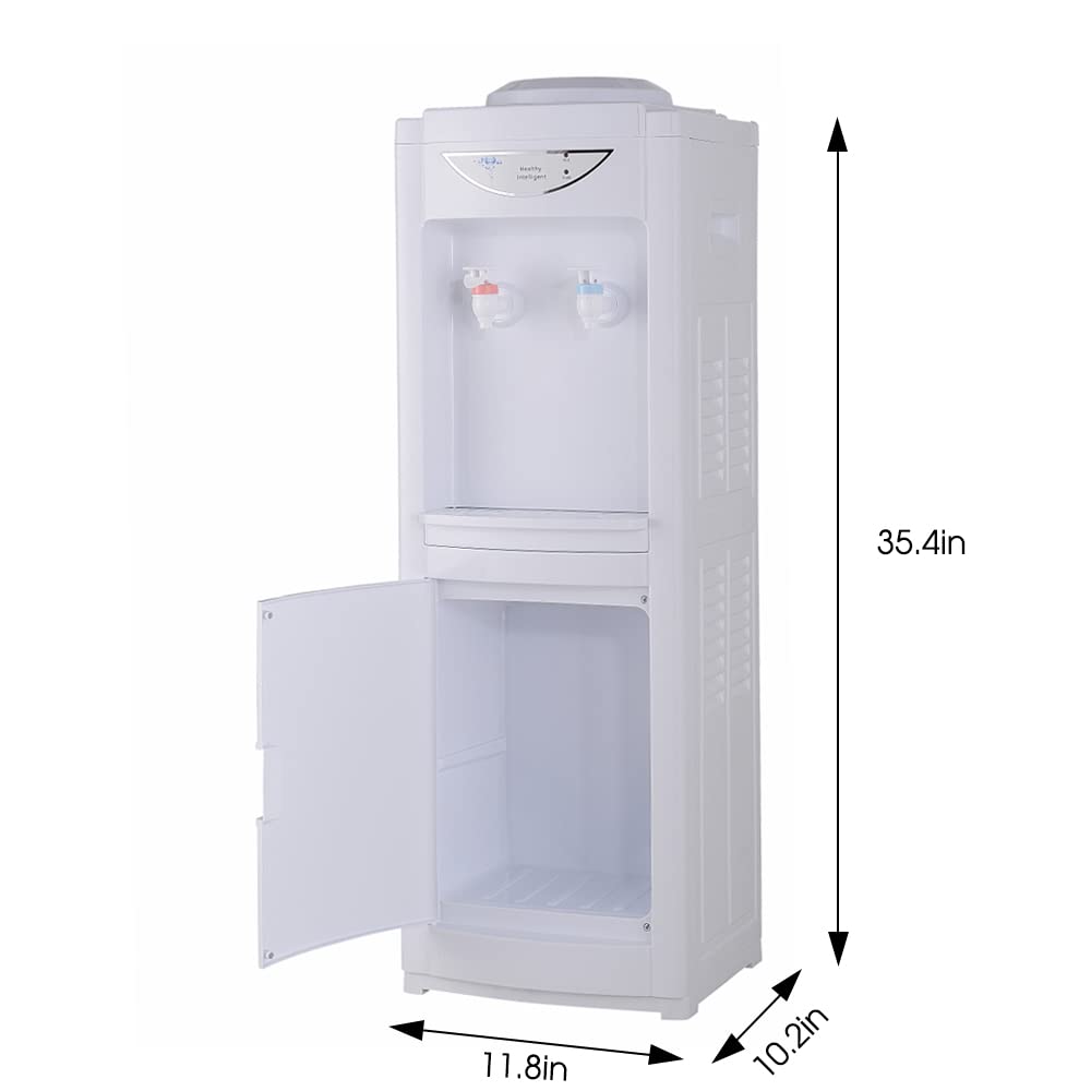 Water Cooler Dispenser for 3 or 5 Gallon Bottles, Top Loading Water Cooler Water Dispenser - Cold & Cool Water, Child Safety Lock, Perfect for Home Office w/Storage Cabinet, White (White)