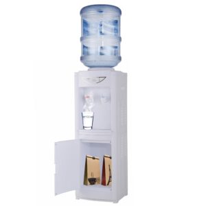 water cooler dispenser for 3 or 5 gallon bottles, top loading water cooler water dispenser - cold & cool water, child safety lock, perfect for home office w/storage cabinet, white (white)