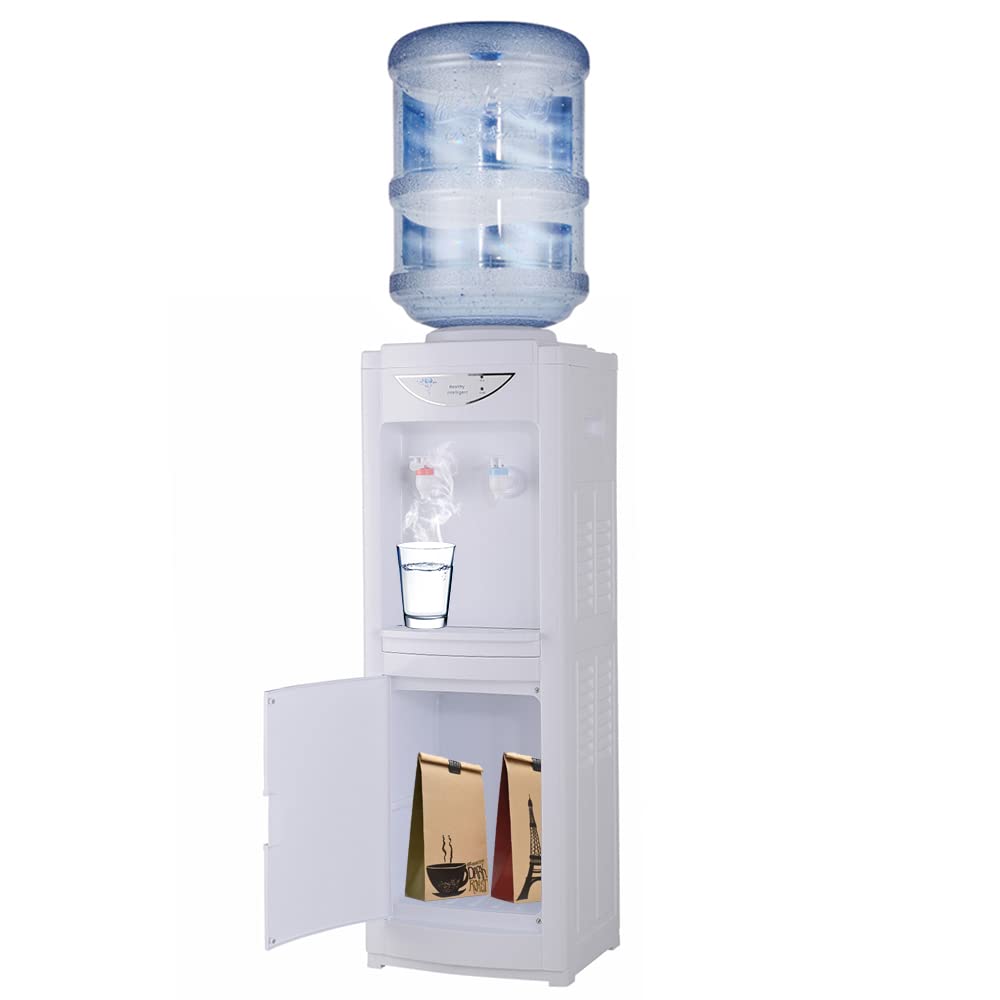 Water Cooler Dispenser for 3 or 5 Gallon Bottles, Top Loading Water Cooler Water Dispenser - Cold & Cool Water, Child Safety Lock, Perfect for Home Office w/Storage Cabinet, White (White)