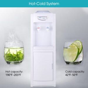 Water Cooler Dispenser for 3 or 5 Gallon Bottles, Top Loading Water Cooler Water Dispenser - Cold & Cool Water, Child Safety Lock, Perfect for Home Office w/Storage Cabinet, White (White)