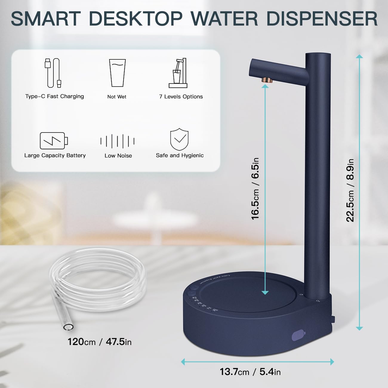 Water Dispenser for 5 Gallon Bottle, Intelligent Desktop Water Dispenser Countertop for Universal Bottles Portable Electric Water Pump Smart Table Water Dispenser for Bedside, Office, Home (Dark Blue)