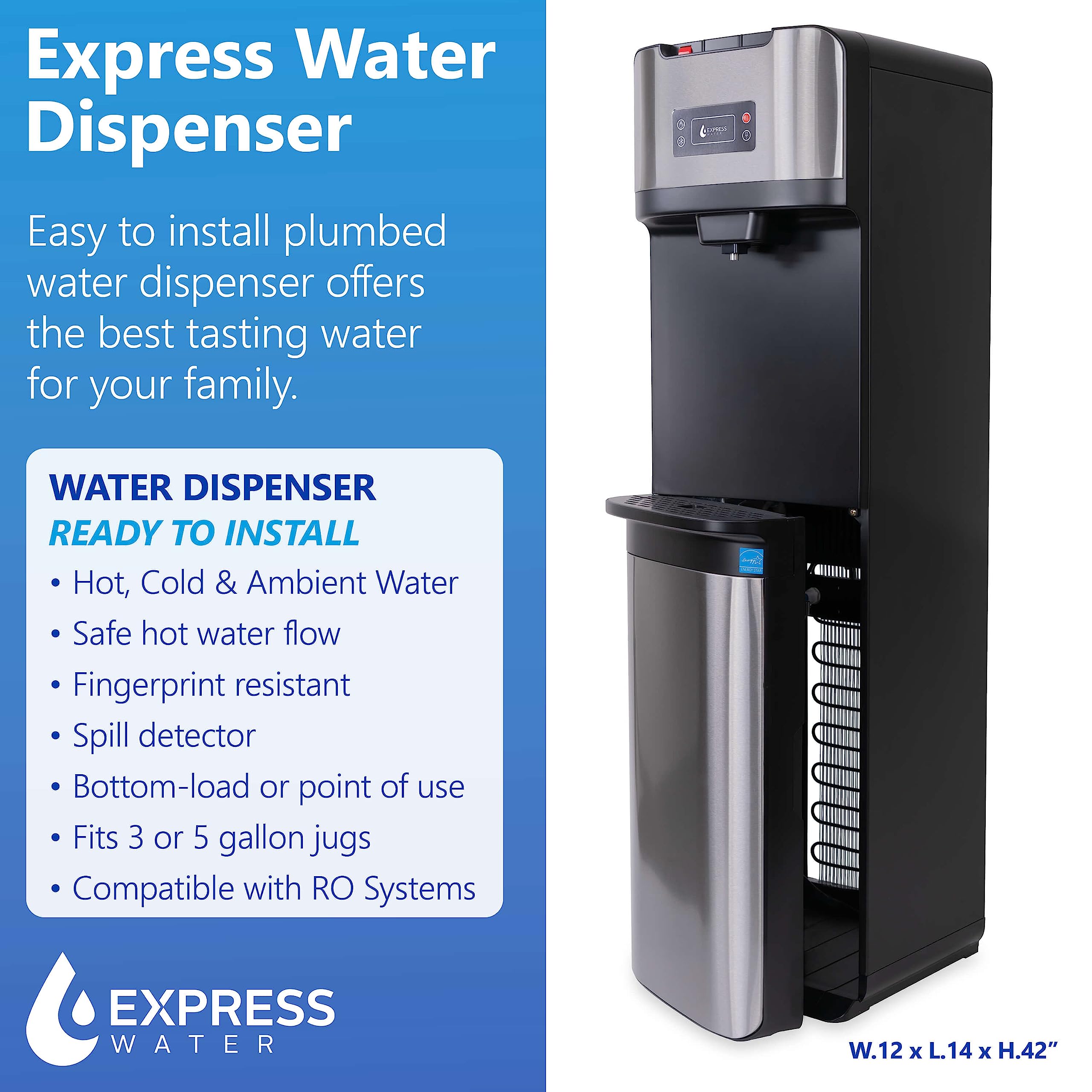 Express Water Water Dispenser for 5 Gallon Bottle Bottom Loading or Direct Point of Use - 3 or 5 Gallon Water Dispenser Hot, Cold, Room Temp - Water Cooler 5 Gallon Smudge Resistant Stainless Steel