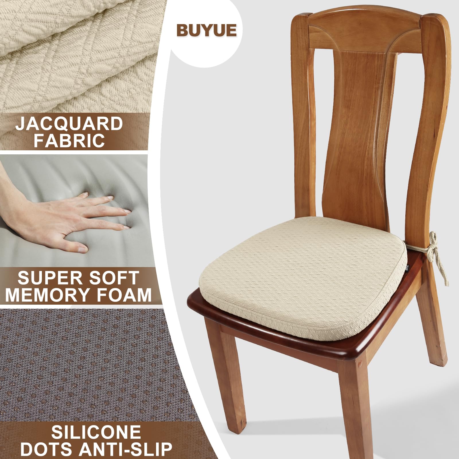 BUYUE Luxury 100% Pure Memory Foam Chair Cushion 1 Pack, Jacquard 16" U-shape Comfortable Dining Chair Pad, Removable Slip Resistant Kitchen Chair Seat Cushion, (1 piece, Beige)