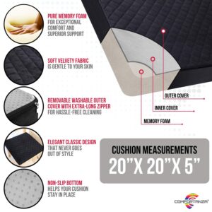 COMFORTANZA Large 20x20x5 Memory Foam Square Thick Non-Slip Chair Seat Cushion for Recliners, Armchairs, Couches - Floor Cushion - Sciatica, Tailbone Pain & Pressure Relief - Soft - Black