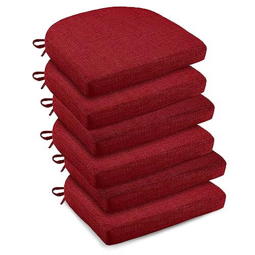 downluxe Indoor Chair Cushions for Dining Chairs, Soft and Comfortable Textured Memory Foam Kitchen Chair Pads with Ties and Non-Slip Backing, 16" x 16" x 2", Red, 6 Pack