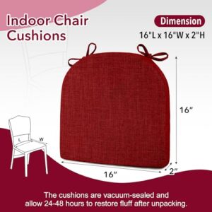 downluxe Indoor Chair Cushions for Dining Chairs, Soft and Comfortable Textured Memory Foam Kitchen Chair Pads with Ties and Non-Slip Backing, 16" x 16" x 2", Red, 6 Pack