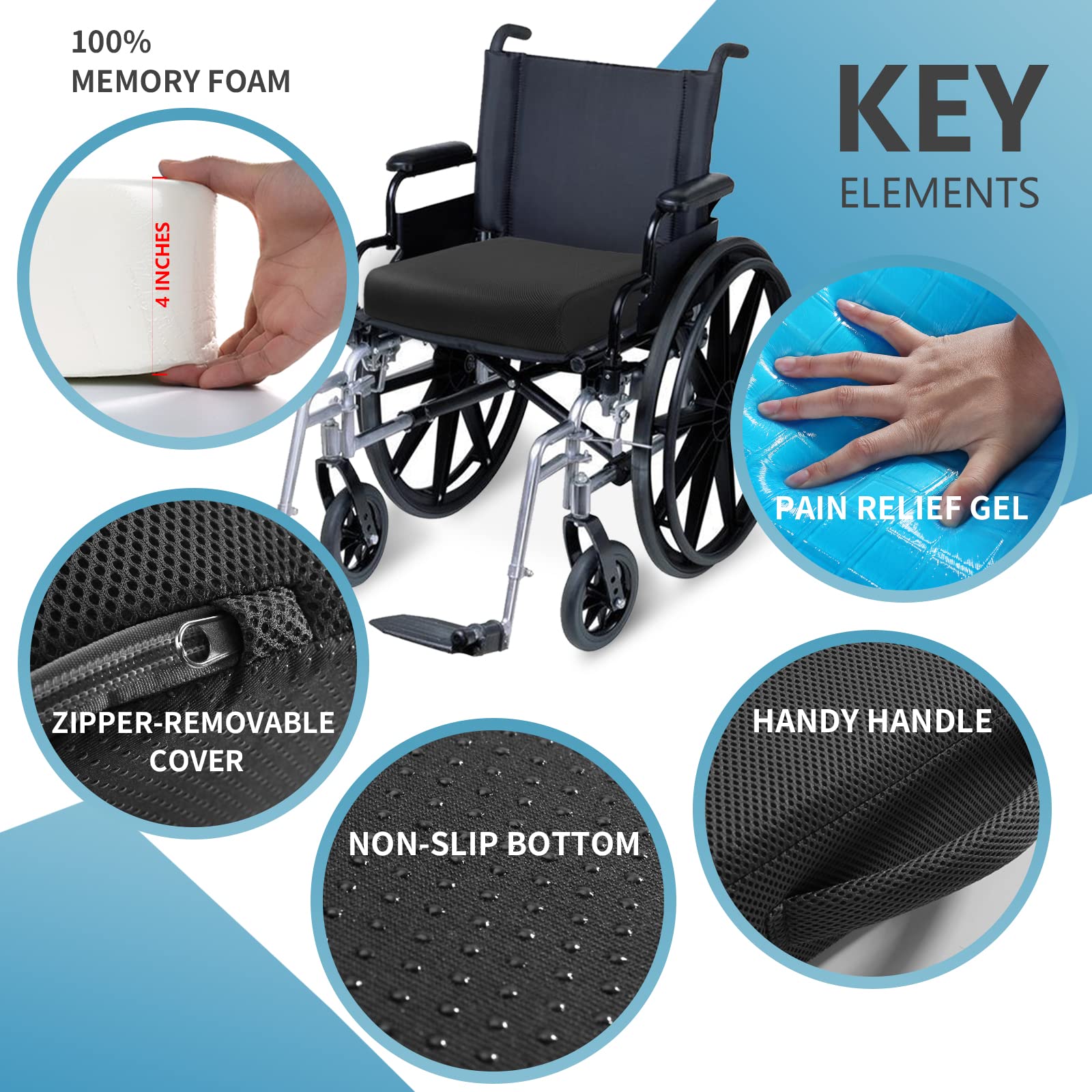 YOUFI Thick Memory Foam & Gel Seat Cushion, 18"X16"X4" Large Chair Cushion for Wheelchair Mobility Scooters, with Non-Slip Bottom and Carry Handle (Black)