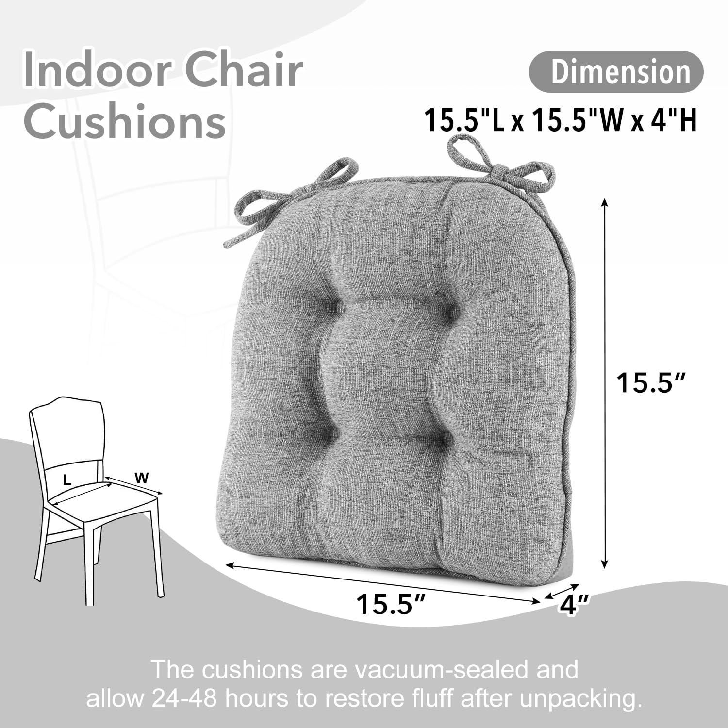 downluxe Indoor Chair Cushions for Dining Chairs, Tufted Overstuffed Textured Memory Foam Kitchen Chair Pads with Ties and Non-Slip Backing, 15.5" x 15.5" x 4", Light Grey, 4 Pack