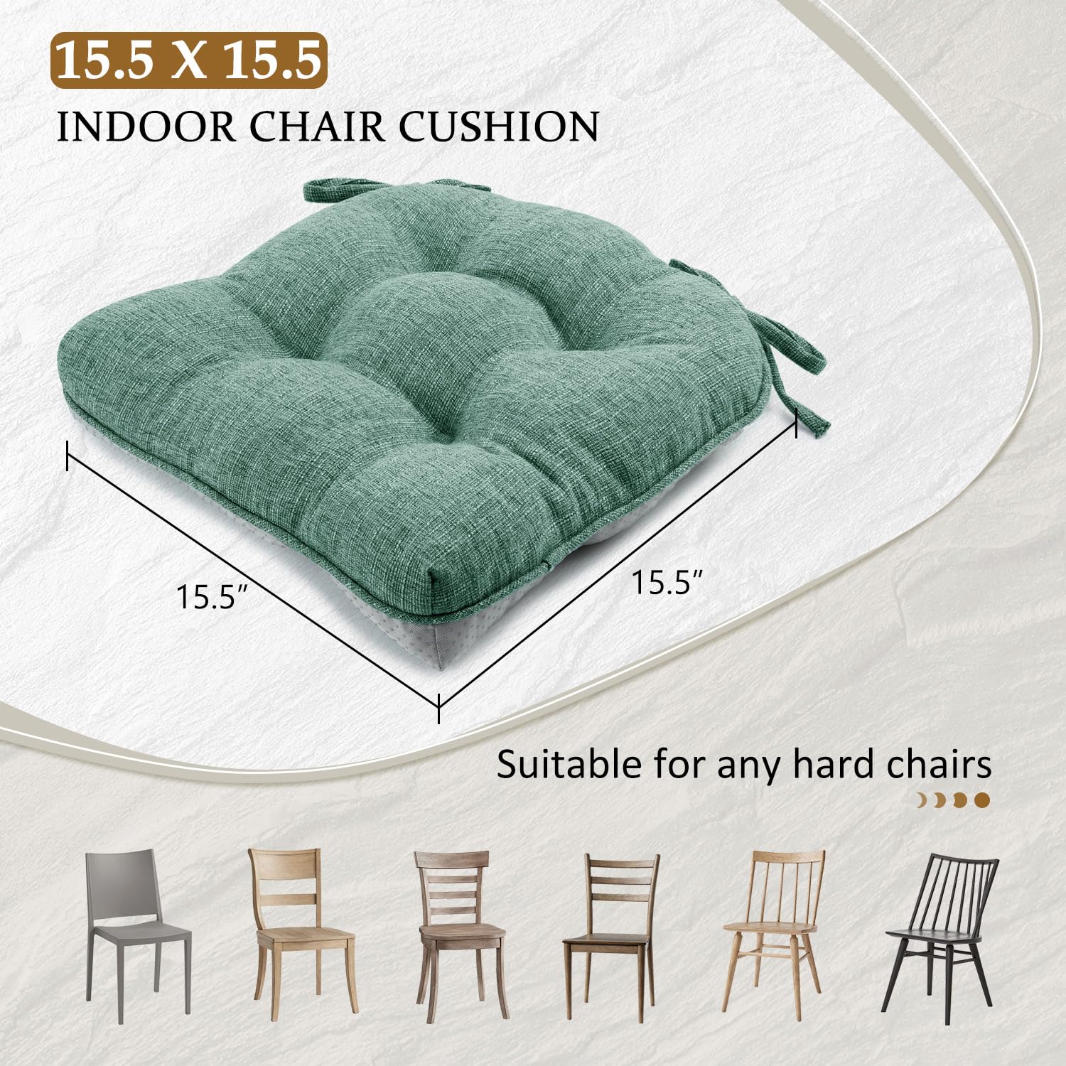 LOVTEX Kitchen Chair Cushions Set of 4, Non-Slip Chair Cushions for Dining Chairs, Shredded Memory Foam Chair Pads with Ties, Tufted Dining Chair Cushions, 15.5" x 15.5", Green