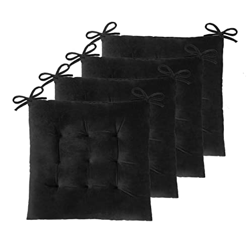 ELFJOY Set of 4 Square Chair Pads Indoor Seat Cushions Pillows with Ties Thick Soft Seat Cushion for Kitchen Dining Office Chair (18", Black)