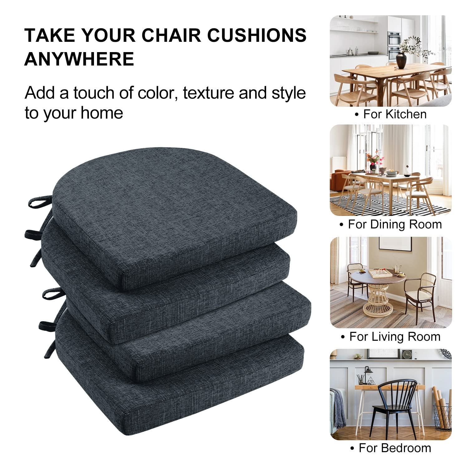 Wellsin Chair Cushions for Dining Chairs 4 Pack - Kitchen Chair Cushions with Ties and Non-Slip Backing - Dining Chair Pads 16"X16"X2", Navy