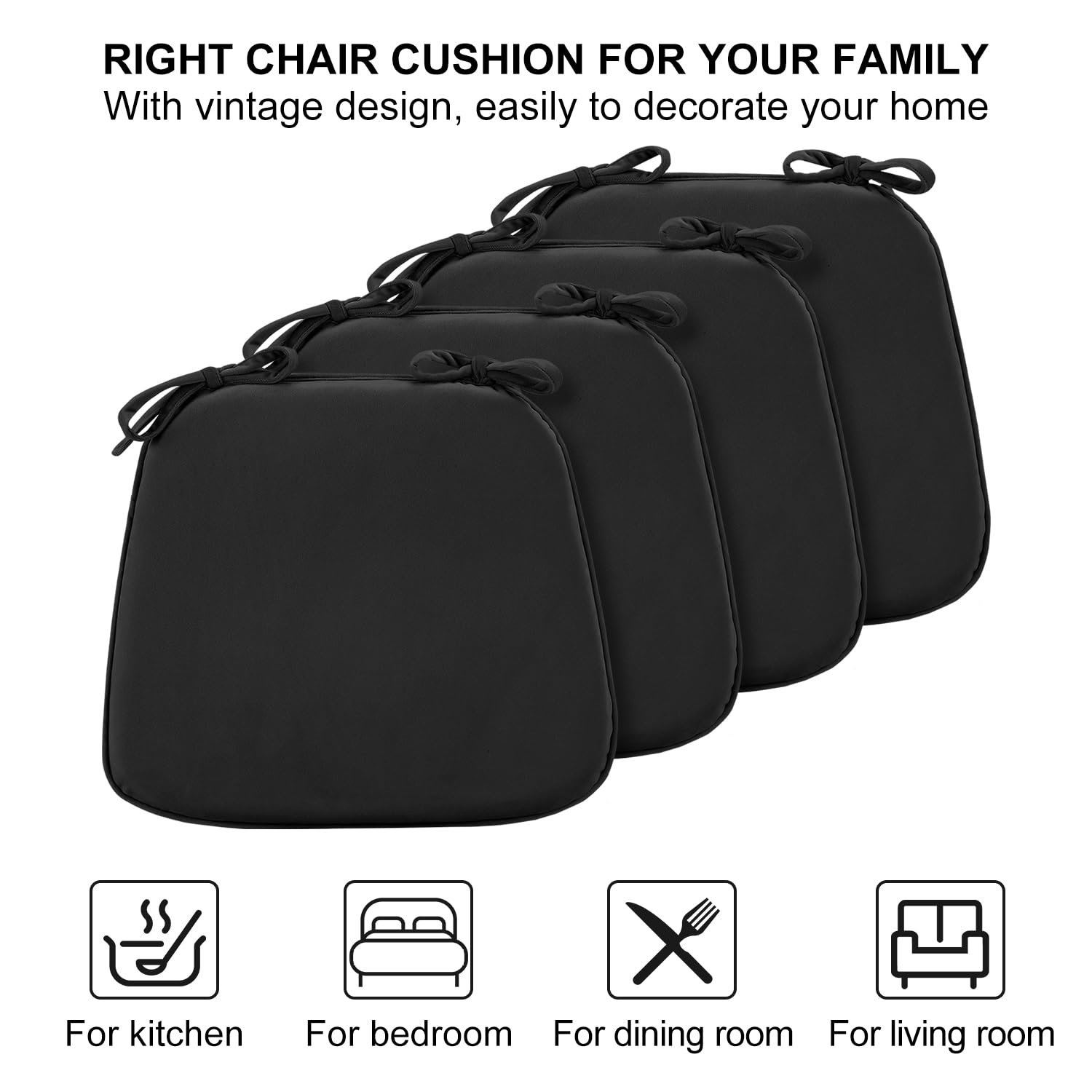 LOVTEX Chair Cushions for Dining Chairs, Kitchen Chair Cushions Set of 4, Chair Pads for Dining Chairs with Ties, 17"x16"x1.5" Seat Cushions for Kitchen Chairs, Black