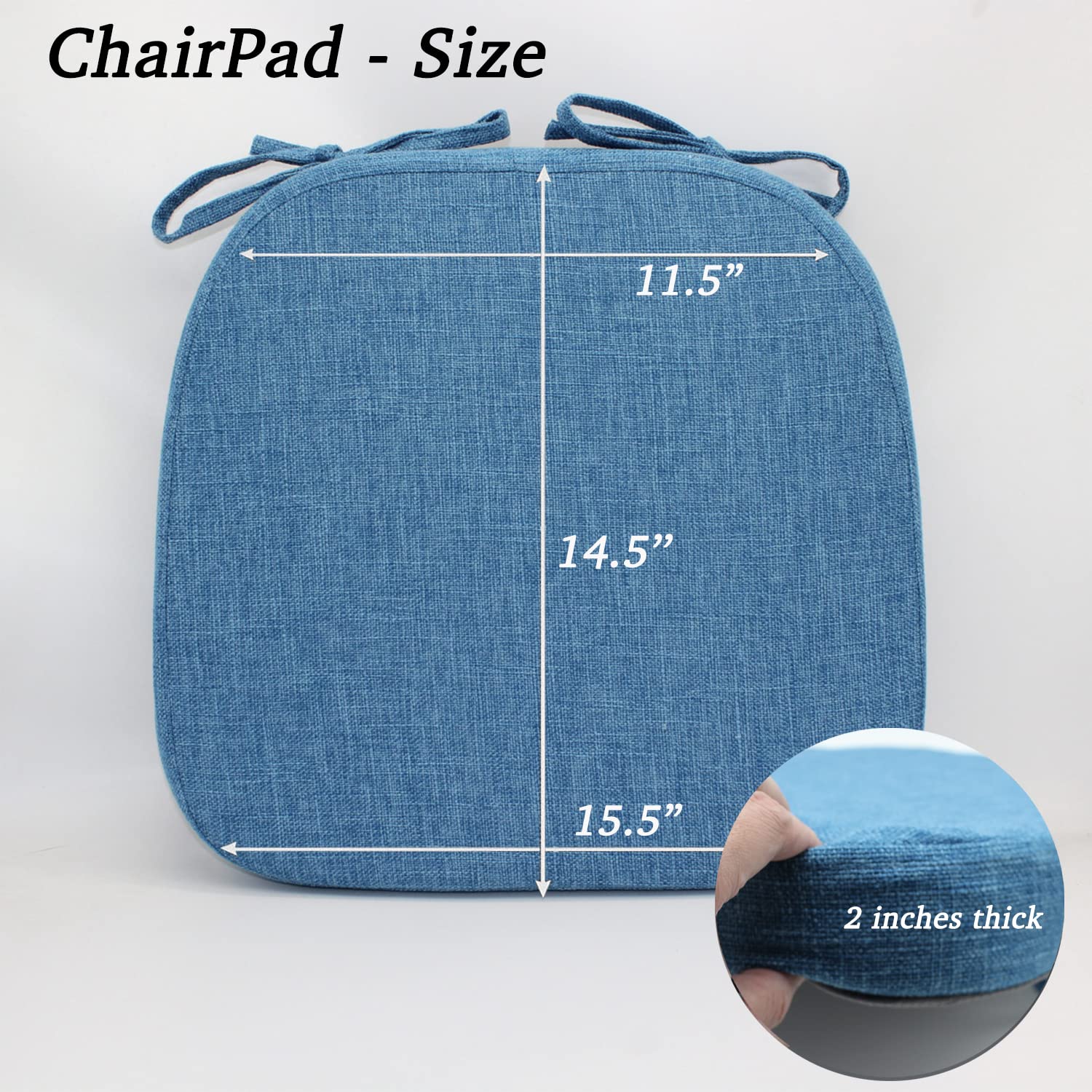 ZYHOONE Seat Cushions for Kitchen Chairs - Dining Room Metal Wooden Non Slip Chair Cushion Pads with Machine Washable Cover and Ties [14.5 X 15.5 X 2 Inches] - Blue