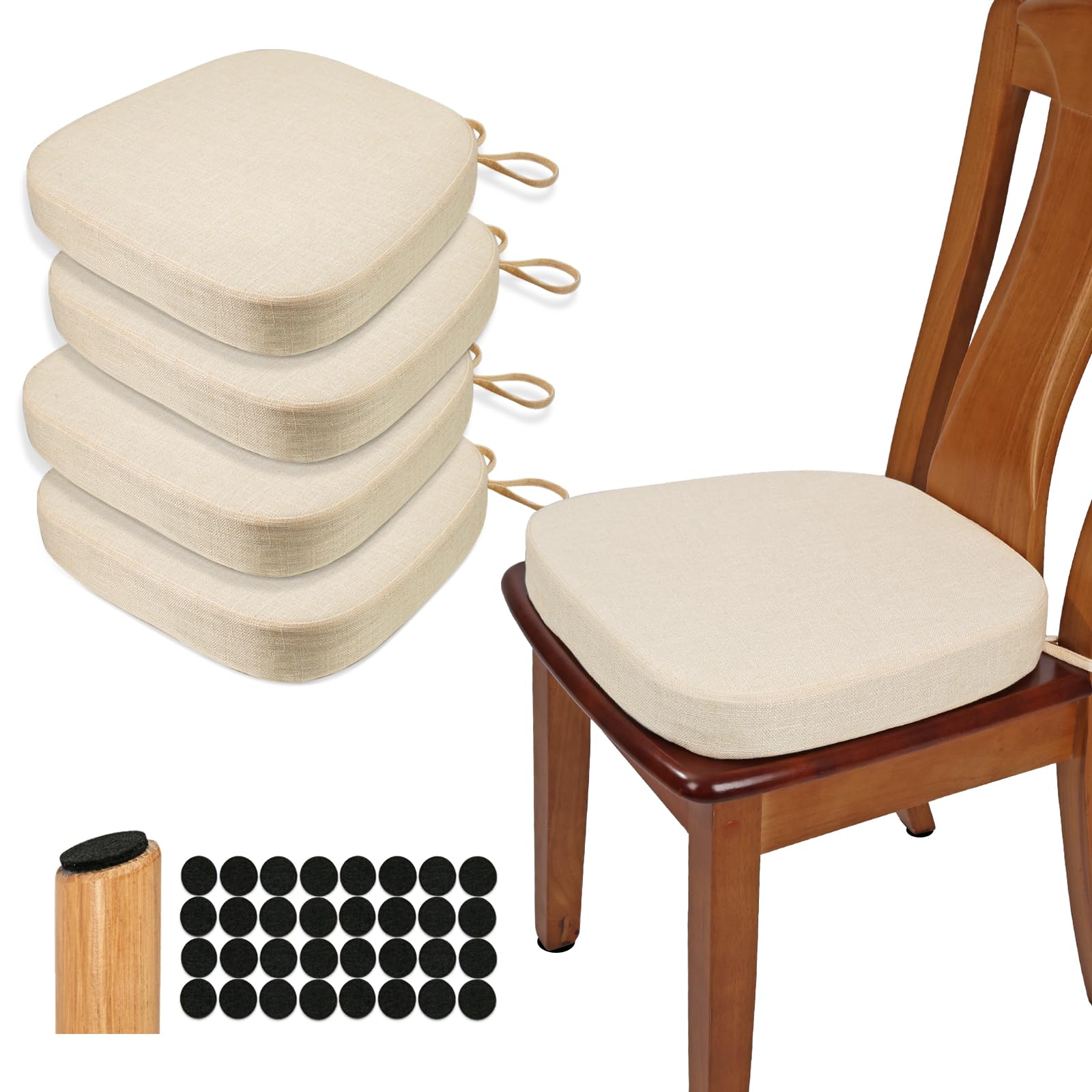 BUYUE Original Linen Thickened 2.5" Dining Chair Cushions Set of 4, U-Shape High Density Foam Comfortable Chair Pads for Kitchen, Slip Resistant Indoor Seat Cushions (4 PCS, Beige)