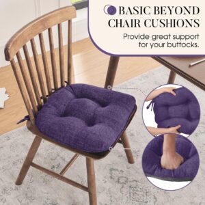 Basic Beyond Chair Cushions for Dining Chairs 4 Pack, Memory Foam Chair Cushion with Ties and Non Slip Backing, 15.5 x 15.5 Inches Tufted Chair Pads for Dining Chairs(Purple)