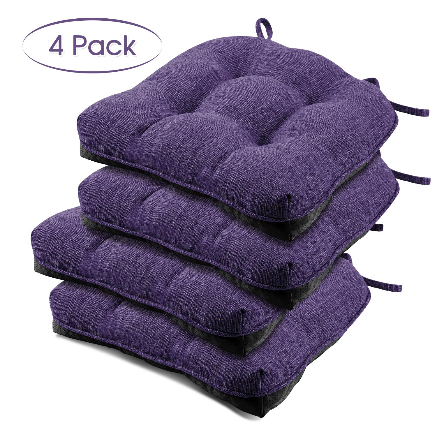 Basic Beyond Chair Cushions for Dining Chairs 4 Pack, Memory Foam Chair Cushion with Ties and Non Slip Backing, 15.5 x 15.5 Inches Tufted Chair Pads for Dining Chairs(Purple)