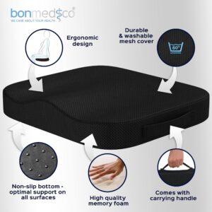 bonmedico Orthopedic Seat Cushion - Plush 16 x 16 Inch Memory Foam Comfort Chair Cushions for Height Boosting, Back Relief - Pressure Aid Support Pillow for Office, Car, Home & Wheelchair