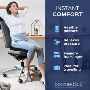 bonmedico Orthopedic Seat Cushion - Plush 16 x 16 Inch Memory Foam Comfort Chair Cushions for Height Boosting, Back Relief - Pressure Aid Support Pillow for Office, Car, Home & Wheelchair