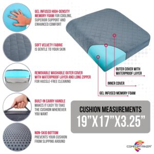 COMFORTANZA Large 19"x17"x3.25" Memory Foam Seat Cushion with Cooling Effect, Washable Cover and Non-Slip Base for Office Chairs, Wheelchairs, Recliners, Cars - Back Pain Relief - Medium-Firm - Gray