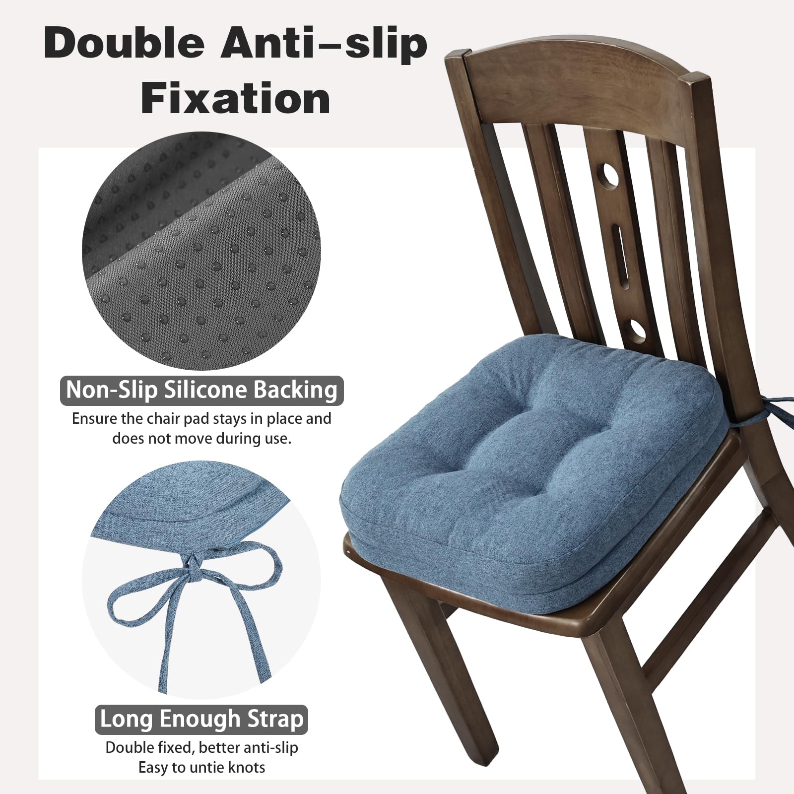 baibu Set of 4 Chair Pads for Dining Chairs, Dual-Layer Patent Design Memory Foam Chair Seat Cushions, Non-Slip Dining Chair Cushions with Ties, 16.5” x 16.5” x 3.5”, Blue