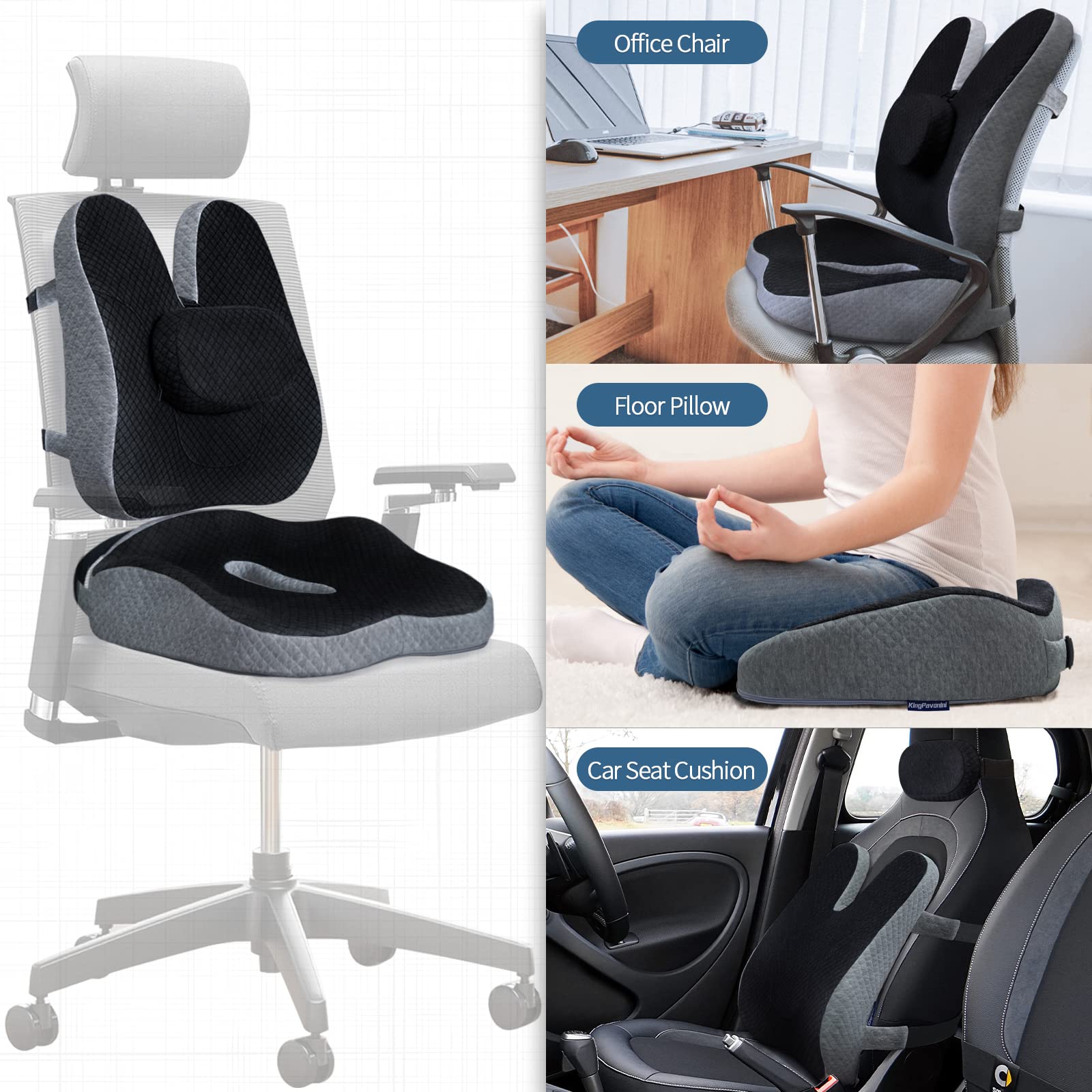 Memory Foam Seat Cushion & Lumbar Support Pillow for Office Chair Car Wheelchair, 3 Piece Chair Cushion Set with Adjustable Straps for Lower Back, Tailbone, Sciatica, Hip Pain Relief, CertiPUR-US