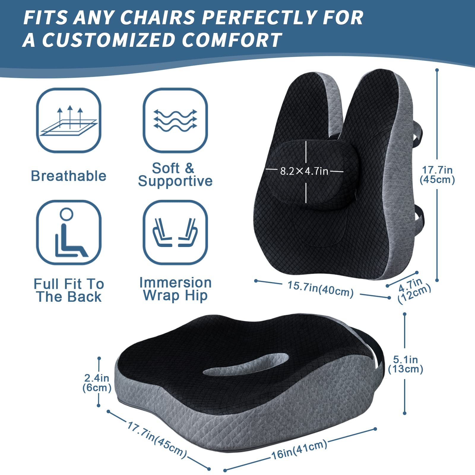 Memory Foam Seat Cushion & Lumbar Support Pillow for Office Chair Car Wheelchair, 3 Piece Chair Cushion Set with Adjustable Straps for Lower Back, Tailbone, Sciatica, Hip Pain Relief, CertiPUR-US