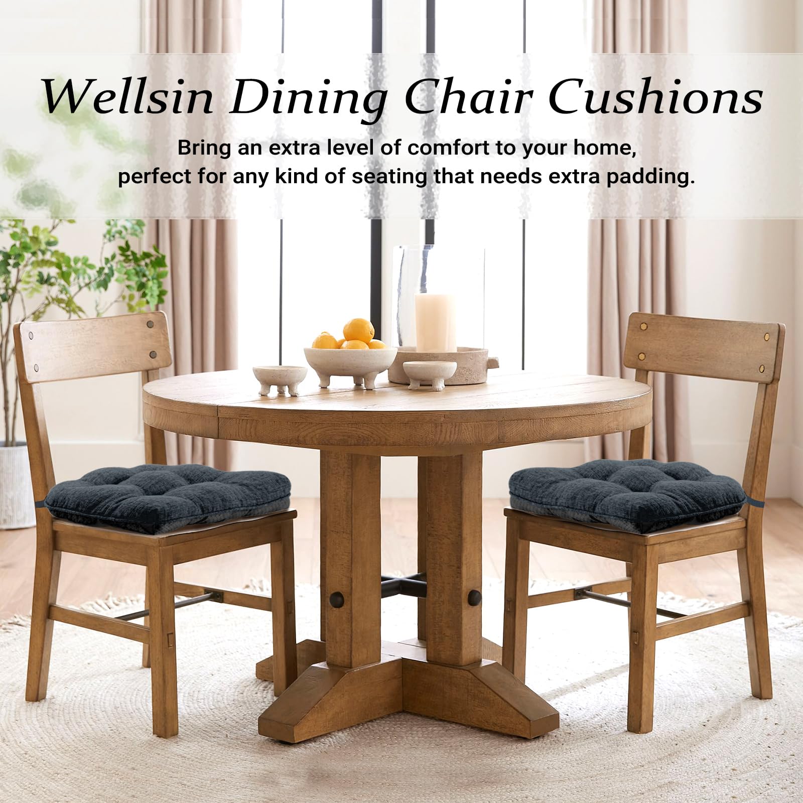 Wellsin Chair Cushions for Dining Chairs 4 Pack, 15.5" X 15.5" Kitchen Chair Cushions with Ties and Non-Slip Backing, Tufted Shredded Memory Foam Kitchen Chair Pads, Navy