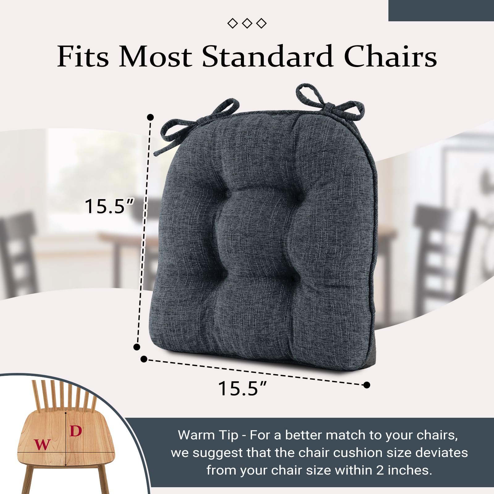 Wellsin Chair Cushions for Dining Chairs 4 Pack, 15.5" X 15.5" Kitchen Chair Cushions with Ties and Non-Slip Backing, Tufted Shredded Memory Foam Kitchen Chair Pads, Navy