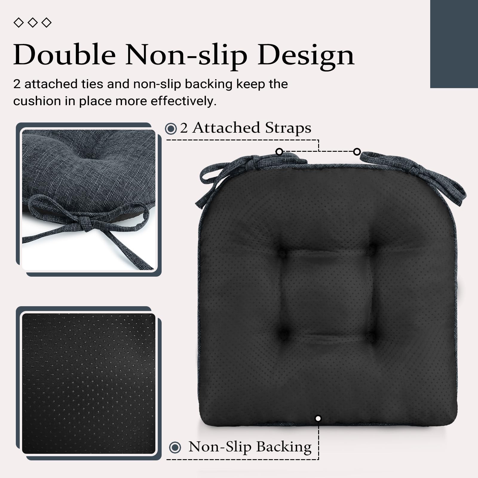 Wellsin Chair Cushions for Dining Chairs 4 Pack, 15.5" X 15.5" Kitchen Chair Cushions with Ties and Non-Slip Backing, Tufted Shredded Memory Foam Kitchen Chair Pads, Navy